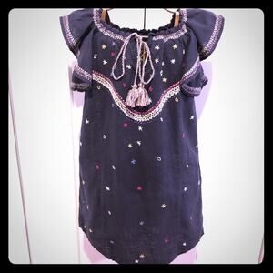 Banjara Cotton Embroidered Casual Navy Blue Boho Sheath Dress Women's Size S